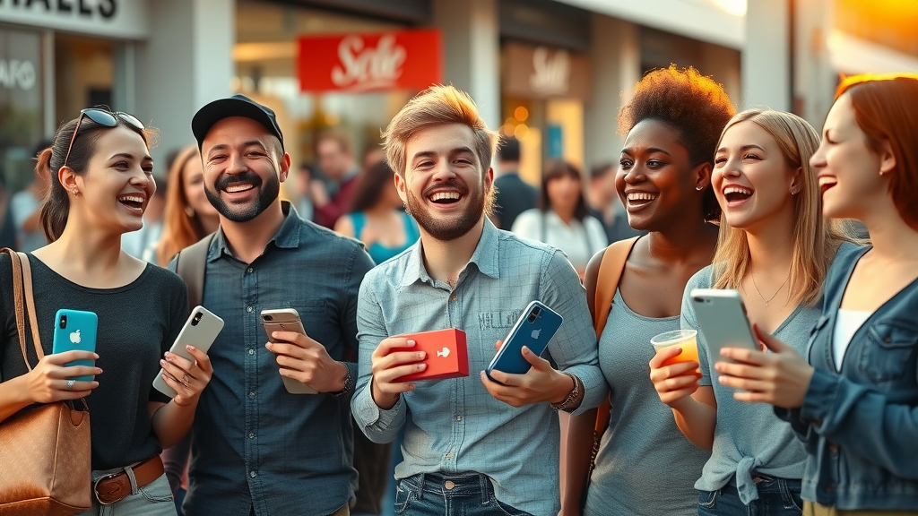 Joyful customers holding branded products, expressing positive emotions in an urban shopping area