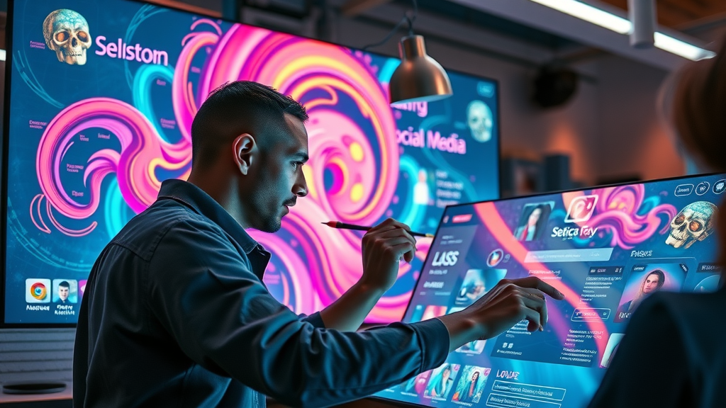 creative designer developing bold digital social media ad creative on a touchscreen monitor