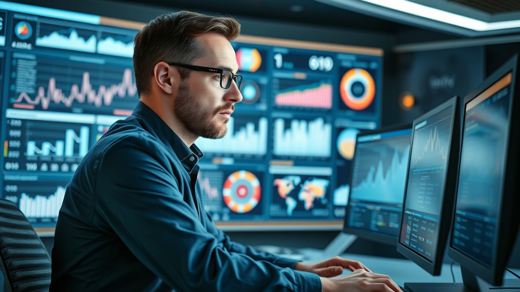 business analyst monitoring brand position on analytics dashboard in a digital control center