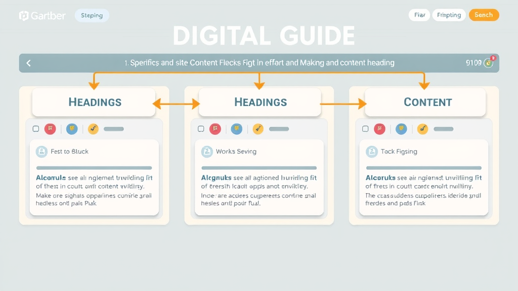 Stylized digital diagram showing H1, H2, H3 headings for page SEO structure and content organization.