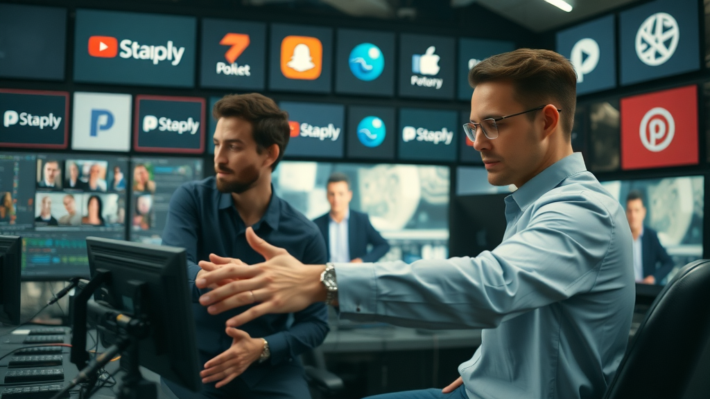 professionals editing and optimizing video content for social media platforms in a sophisticated editing suite