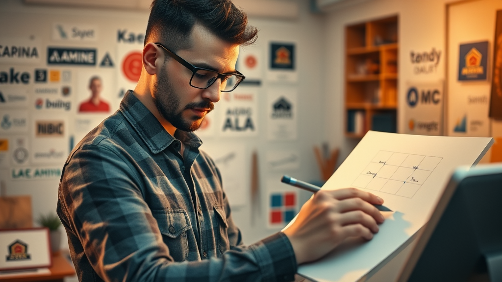professional graphic designer, refining sleek corporate logo, creative focus, designing visual identity in minimalist studio, branding drafts, art supplies