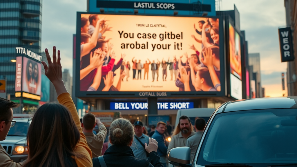 banner campaign for global brand with joyful audience engaging, social media and digital marketing in city