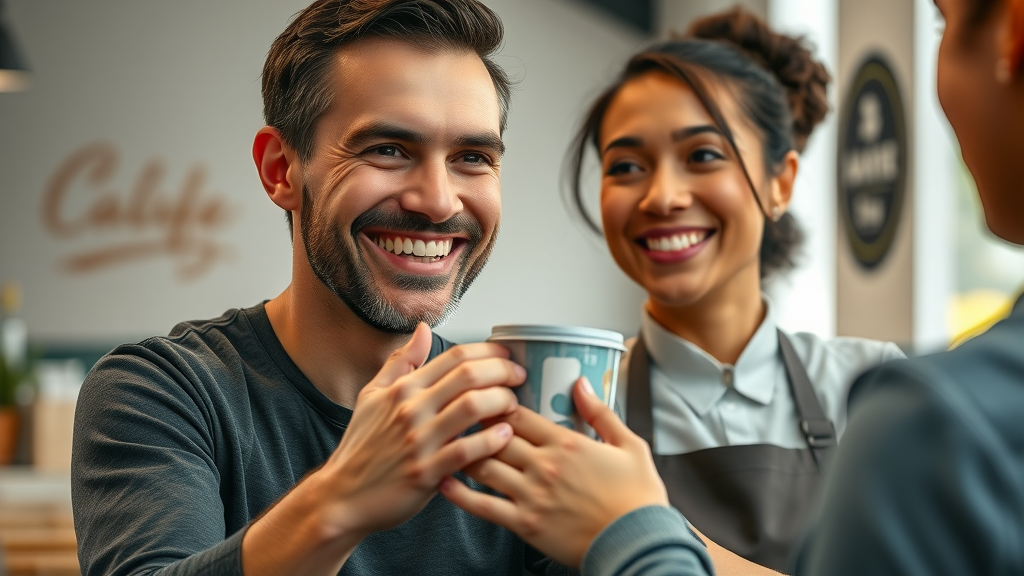 brand loyalty: warm close up of a happy returning customer delightfully receiving attentive service from staff in a cozy upscale cafe with branded elements.