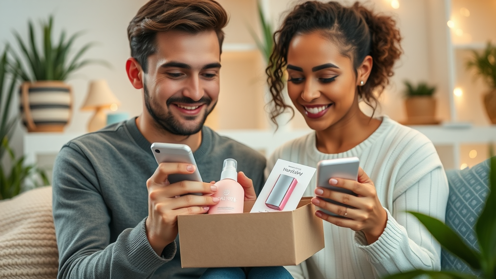 micro influencers authentically unboxing products, cozy home environment with detailed props