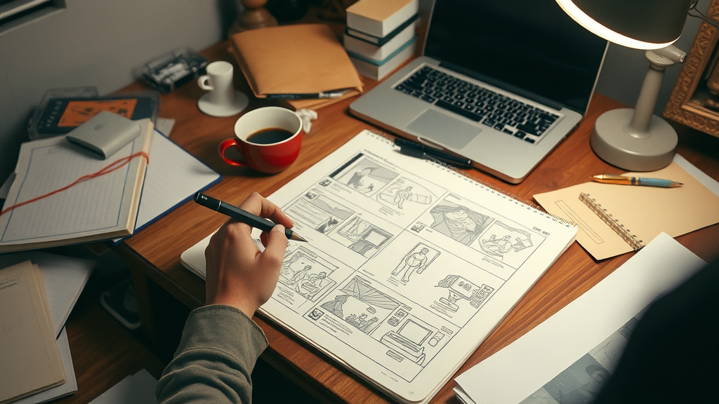 creative scriptwriter sketching scenes for an engaging video content storyboard, showing an organized desk and creative process
