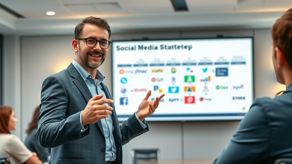 Social media consultant presenting strategy roadmap with platform icons to clients