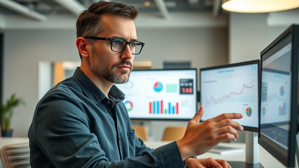 Marketer analyzing social media audience targeting dashboards, AI tools and demographic heatmaps on screen
