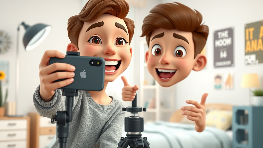 young energetic vlogger video content creator filming with smartphone