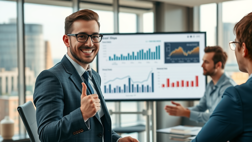 marketer presenting video performance analytics dashboard for marketing strategy