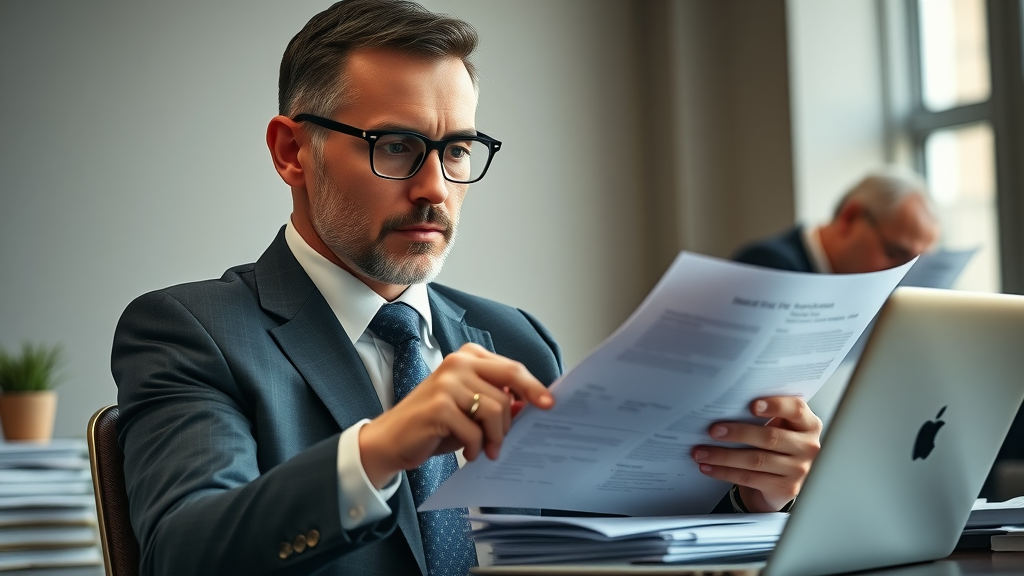hiring an outsourced marketing leader reviewing resumes, documents, and strategic plans in a corporate workspace