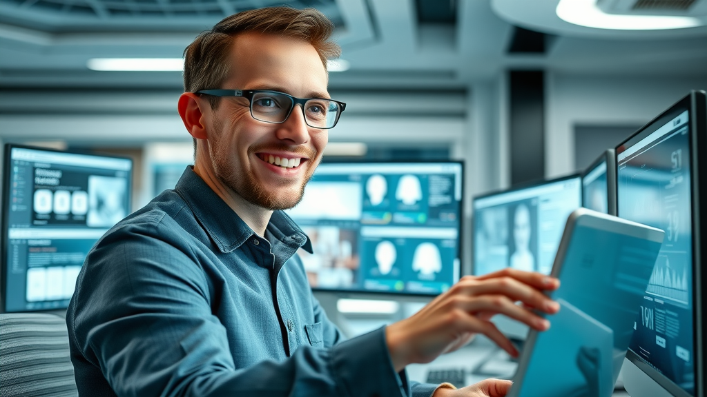 efficient digital marketer using influencer marketing platforms on multiple screens, futuristic high-tech office, photorealistic