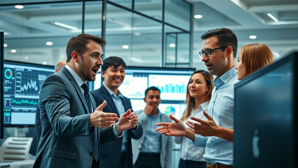 video marketing professionals analyzing video marketing data on digital screens in modern office