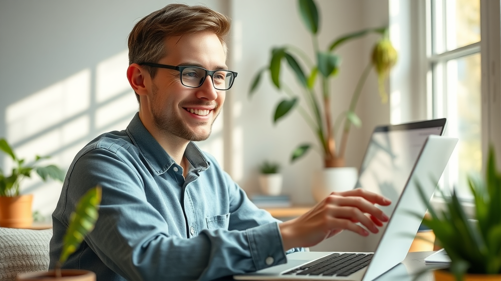Satisfied user having a seamless experience on a website with intuitive navigation and soft pastel colors.