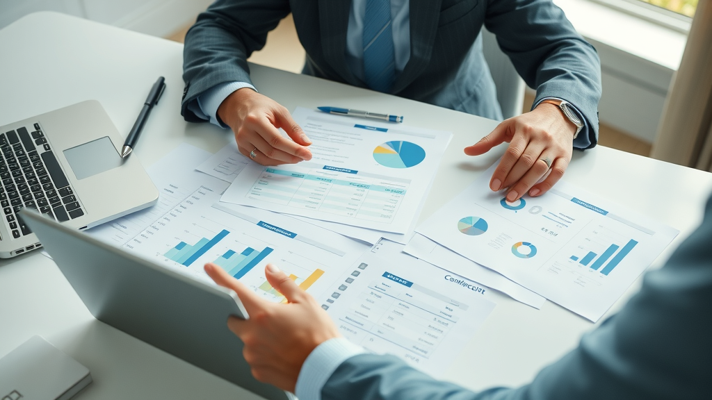 Business consultant analyzing fractional CMO pricing models, contracts, cost charts, organized workspace
