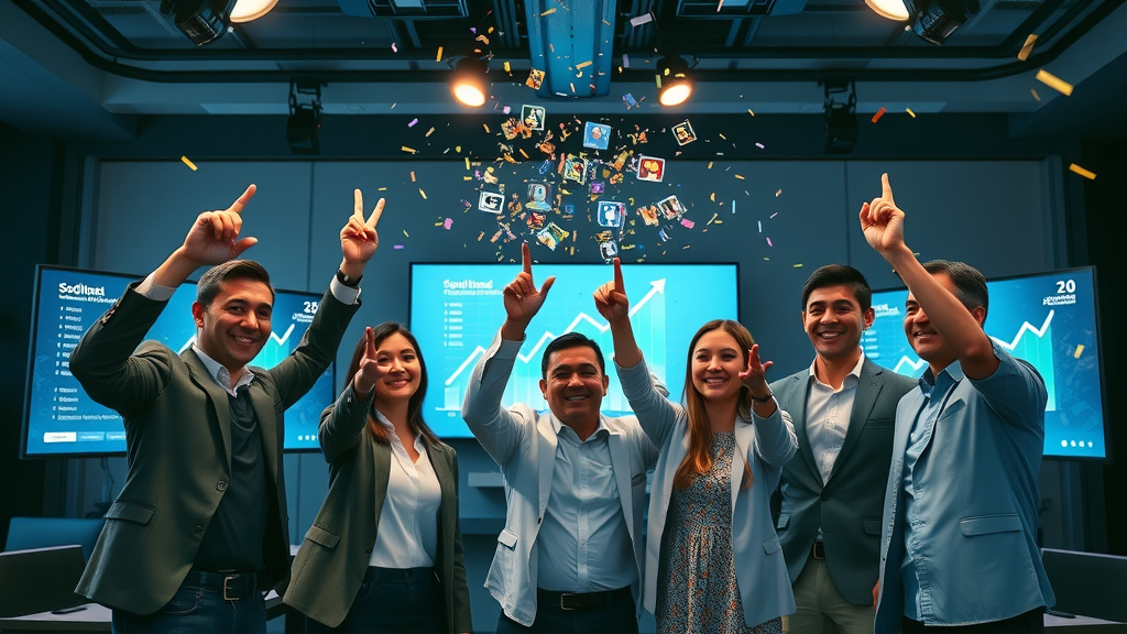 digital marketing team celebrating successful social media marketing strategies and growth