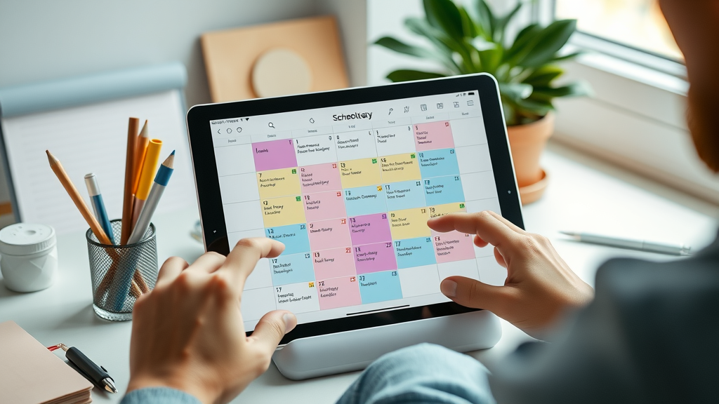 social media manager organizing a social media marketing calendar on a digital tablet
