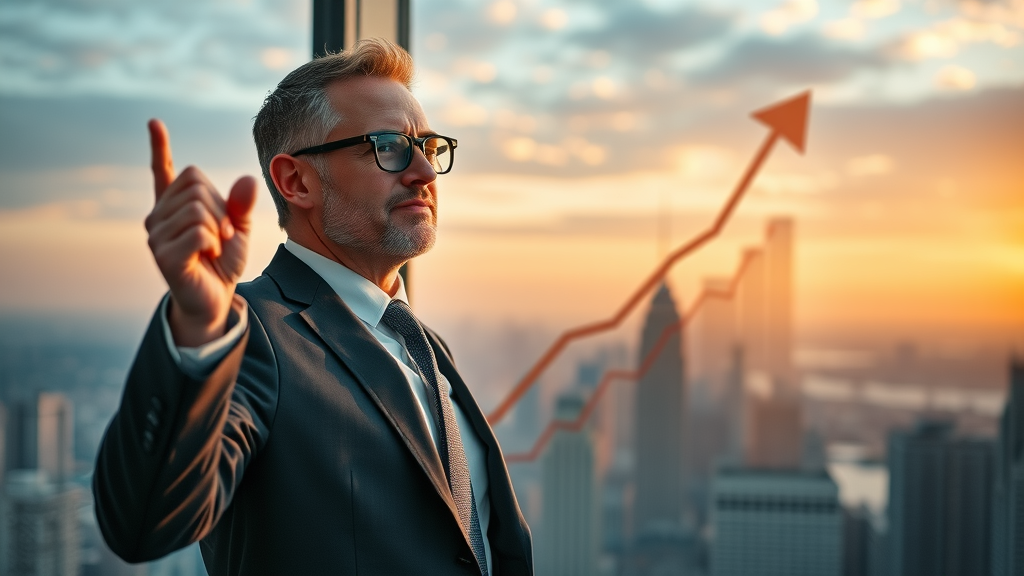 Ambitious business leader celebrating with upward graph, symbolizing company growth from fractional CMO services and strategic guidance