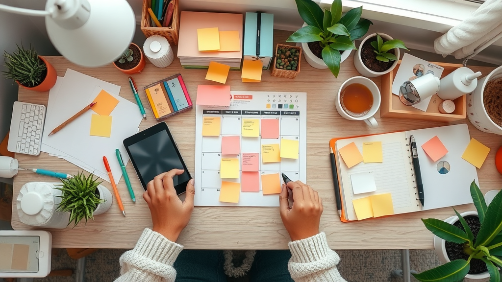 organized desktop with editorial calendar for content creation planning, content creation tips