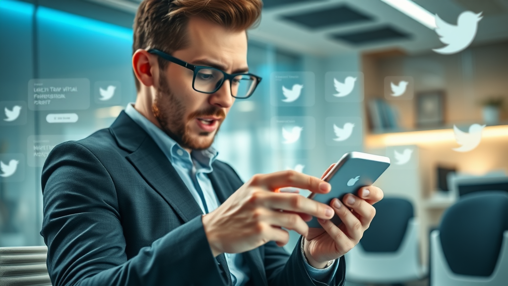 Professional engaging with Twitter on smartphone, following viral trends