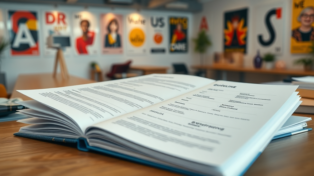 Brand guideline booklet open on a designer’s desk with creative branding materials