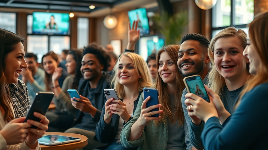 diverse audience watching engaging social media videos on mobile devices in a bustling urban cafe