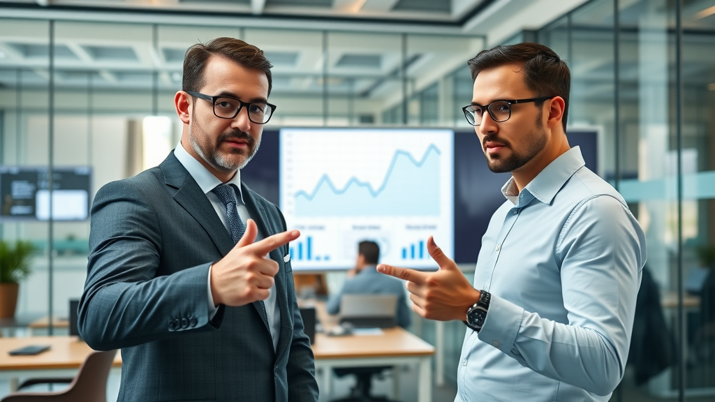 business professionals analyzing brand positioning strategies with uptrend graphs, photorealistic modern office