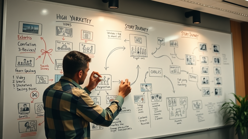 video storytelling creative marketer mapping out brand video journey in a brainstorming session