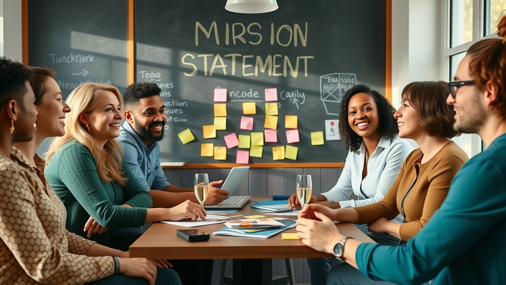 small business team brainstorming mission statement and core values together in a bright meeting room