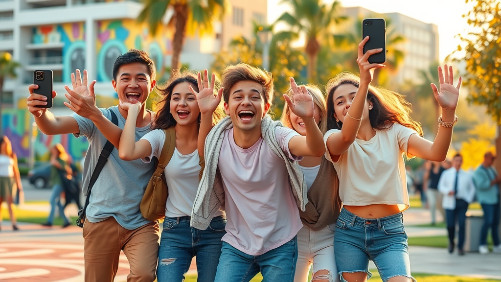 young influencers filming a viral video challenge in a vibrant city park with excited bystanders