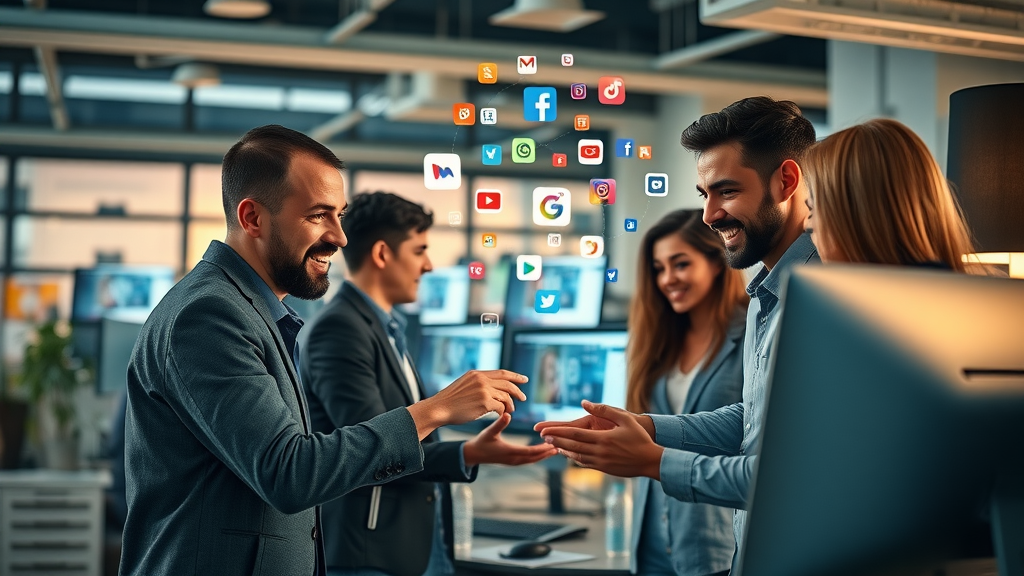 Diverse marketers planning social ads in contemporary workspace, holographic social media icons, advertising campaign analytics on monitors
