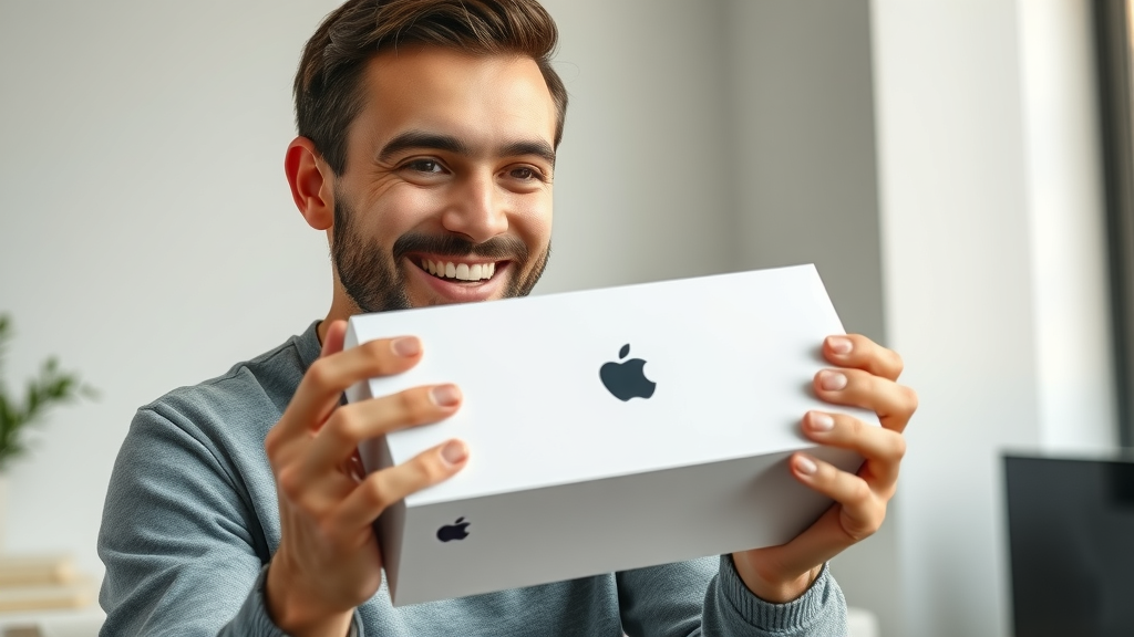 brand loyalty: dedicated Apple customer enthusiastically unboxing a new Apple device in a minimalist setting with subtle brand cues.