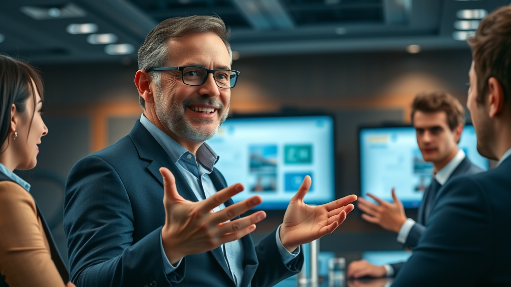 branding consultant, giving strategic advice to executives, branding agency insights, confident presentation in sophisticated conference room, animated gestures, blue tones