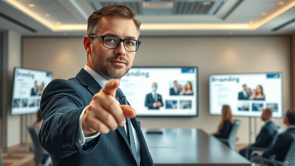 Branding expert presenting strong brand identity and awareness strategies in a meeting