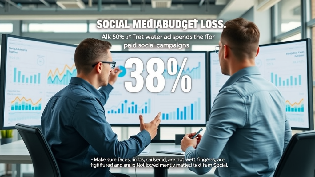 Social media budget loss infographic for paid social campaigns - dynamic graphs showing wasted ad spend, marketers analyzing analytics in modern office, bright daylight