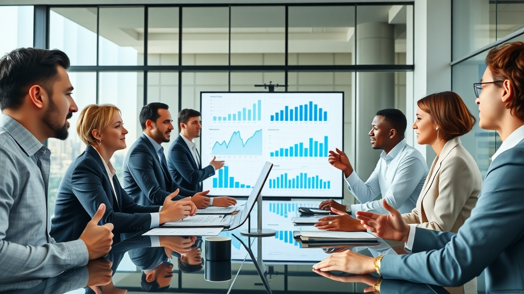 Contemporary corporate boardroom with diverse marketing leaders discussing fractional CMO services, digital charts, and agile business growth strategies