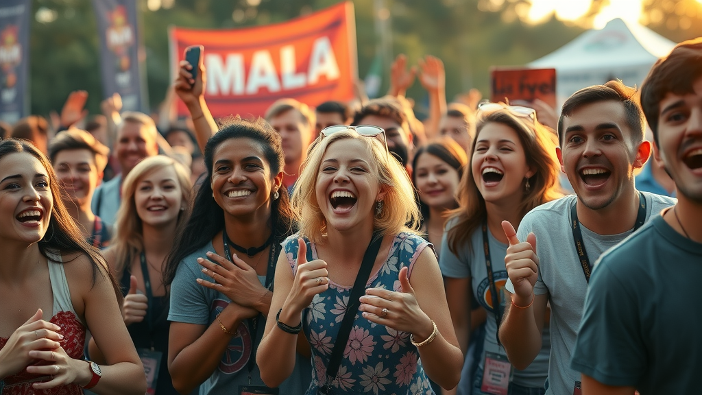 brand loyalty: engaged community of brand fans expressing camaraderie and contentment at a lively branded festival, representing loyalty in action.