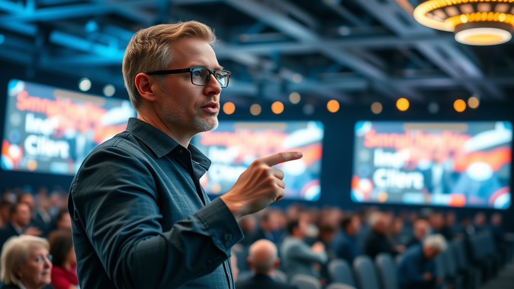 Influential marketer explaining content marketing strategies at a conference