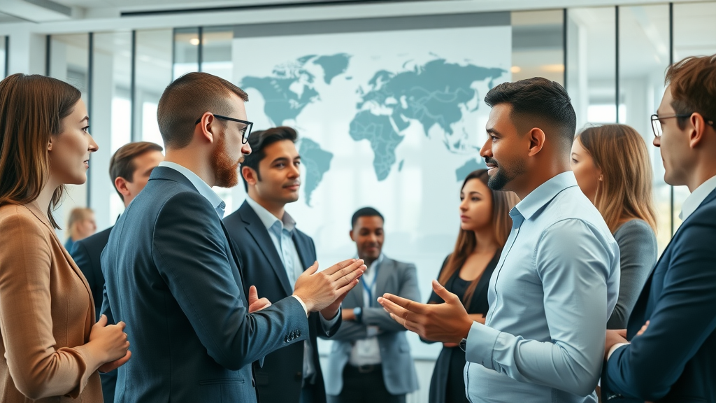 impactful global business conference, corporate branding professionals networking, modern office environment with glass walls and world map, engaging collaborative discussion, highly detailed, natural daylight