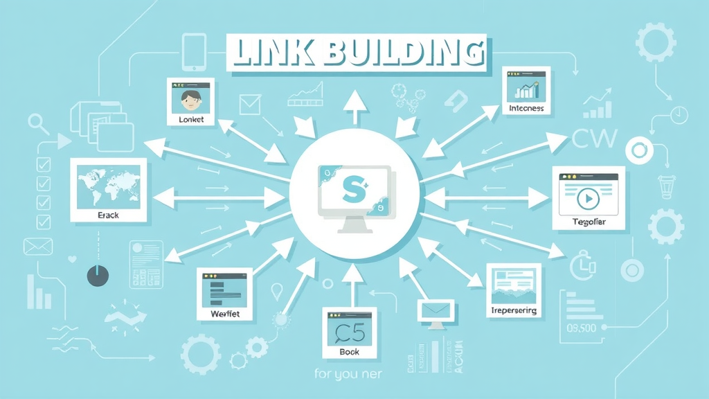 conceptual infographic visualizing link building strategies with interconnected websites and arrows