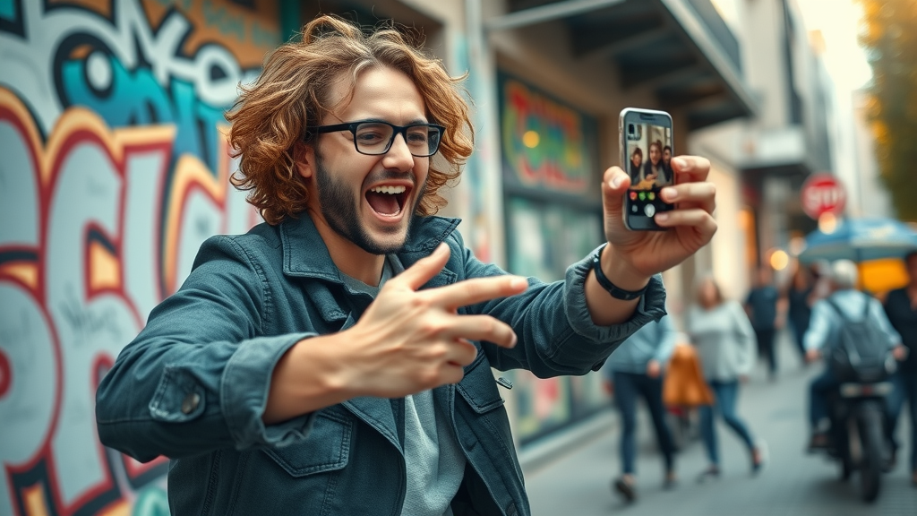 social media influencer recording a vibrant short video in vertical mode, capturing spontaneous audience reactions