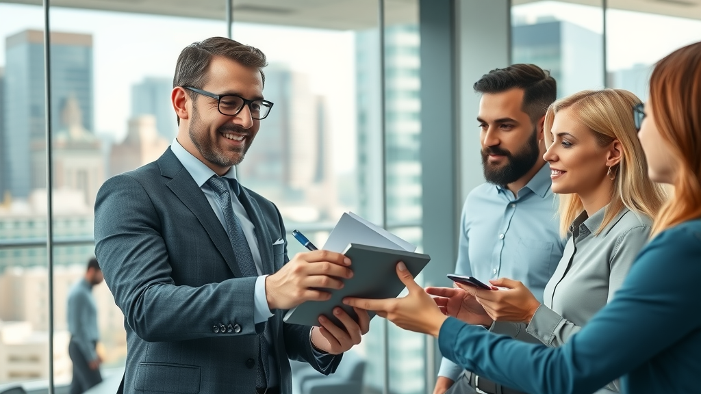 marketing strategy consultant presenting strategy to client team in modern office