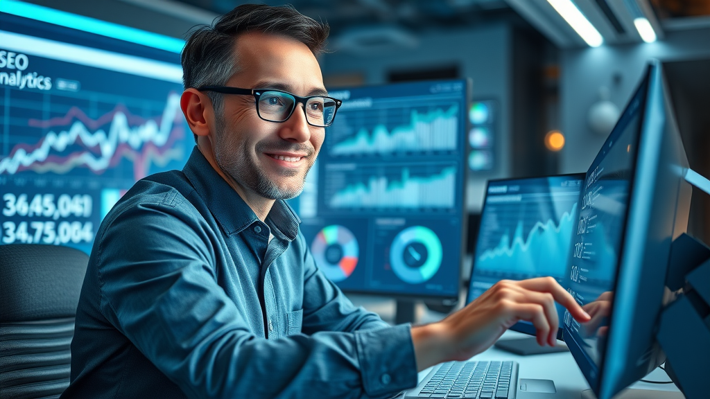 Resourceful business owner monitoring SEO analytics for cost-effective marketing management
