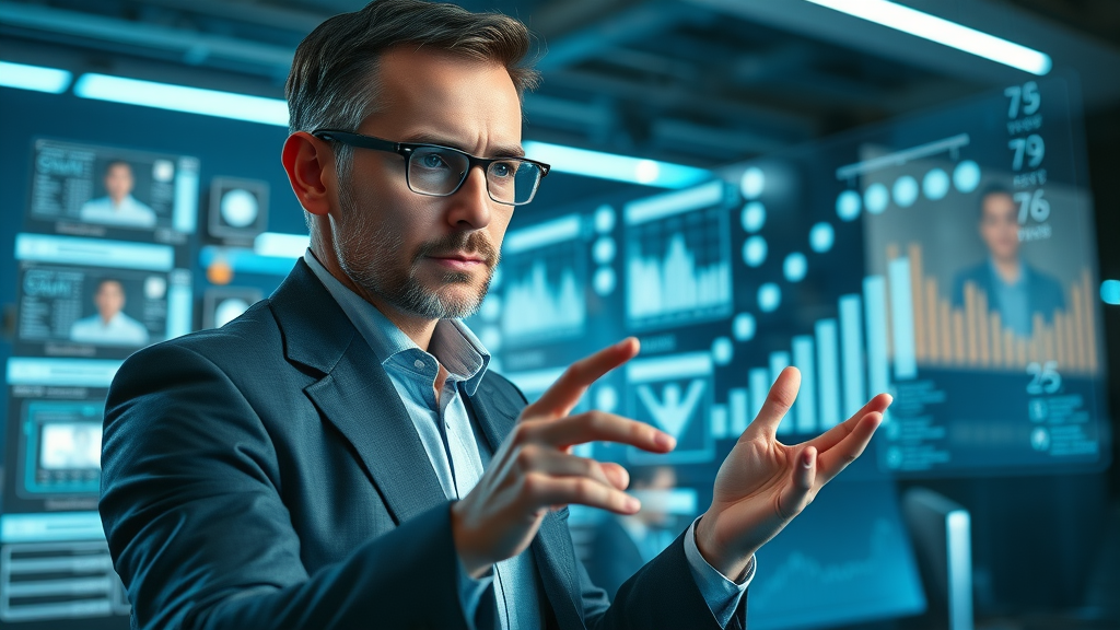 marketing strategist planning a multi-platform video marketing campaign with futuristic digital interfaces