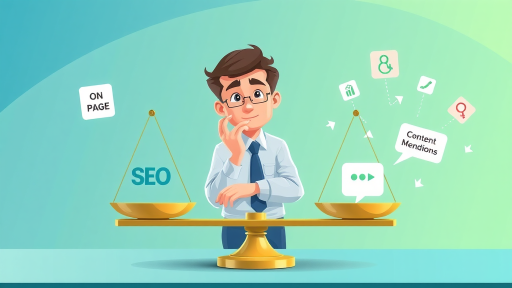 Balanced scales icon showing off-page SEO vs on-page SEO with a digital strategist analyzing differences