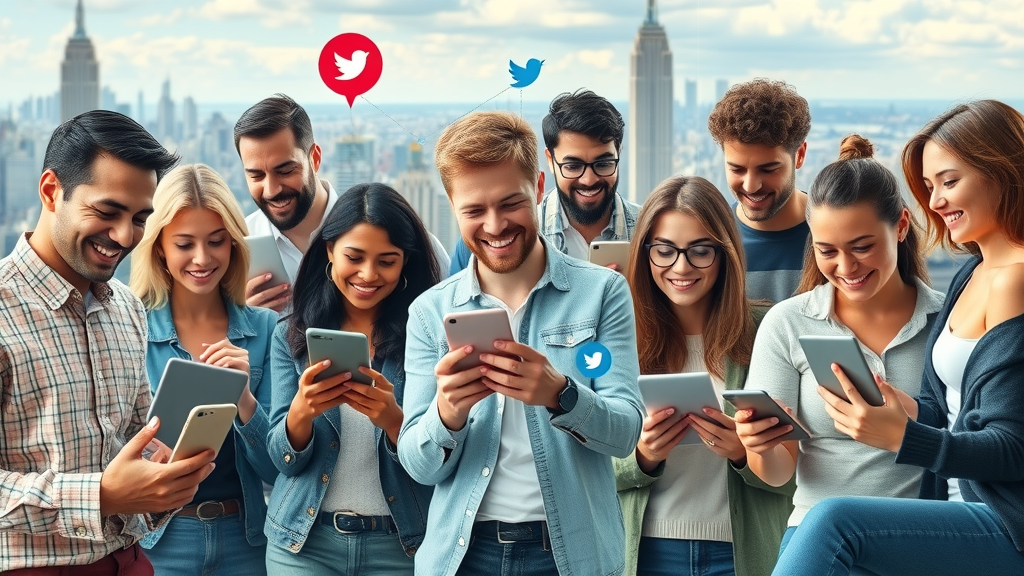 Diverse group using social media platforms with top network logos, global connectivity