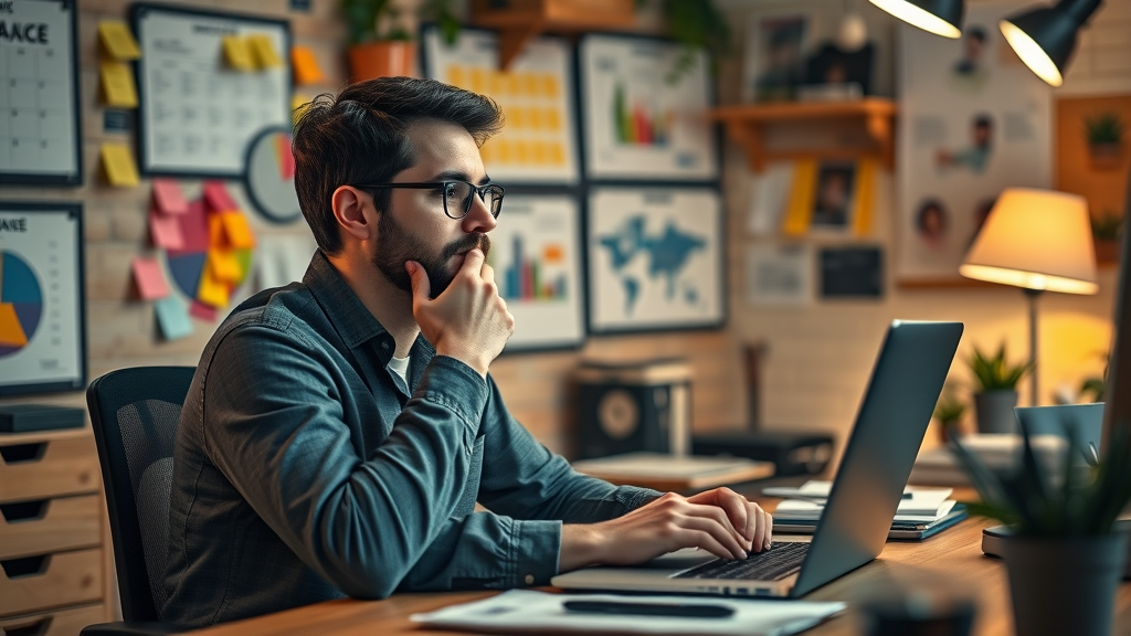 Strategic marketer reviewing analytics dashboards to align content strategy with business goals.