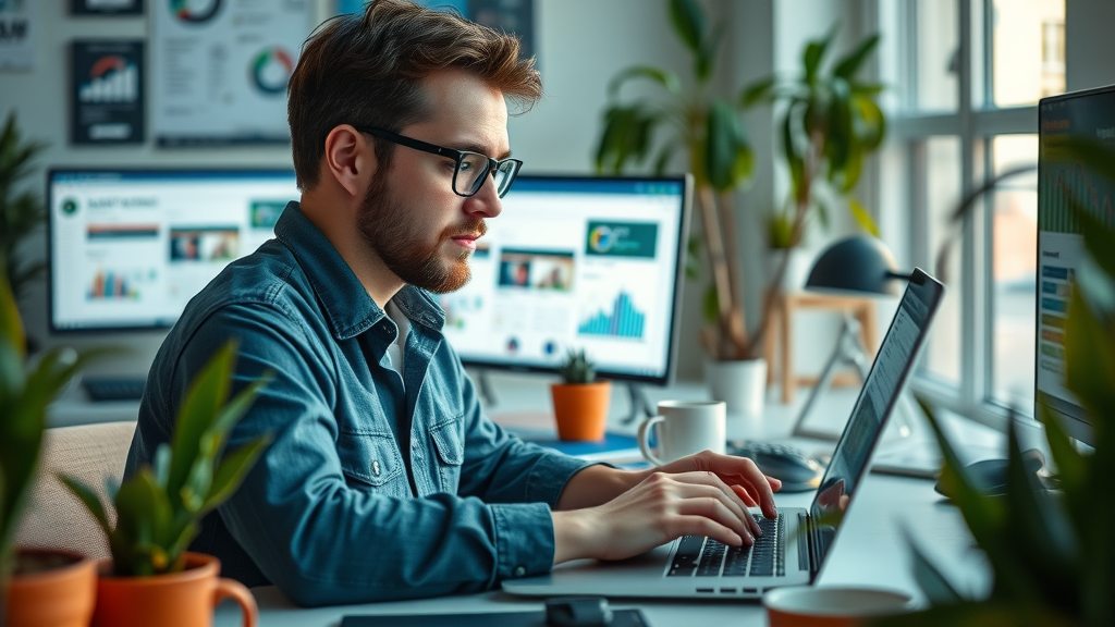creative professional using keyword research tools at modern workspace, content creation tips