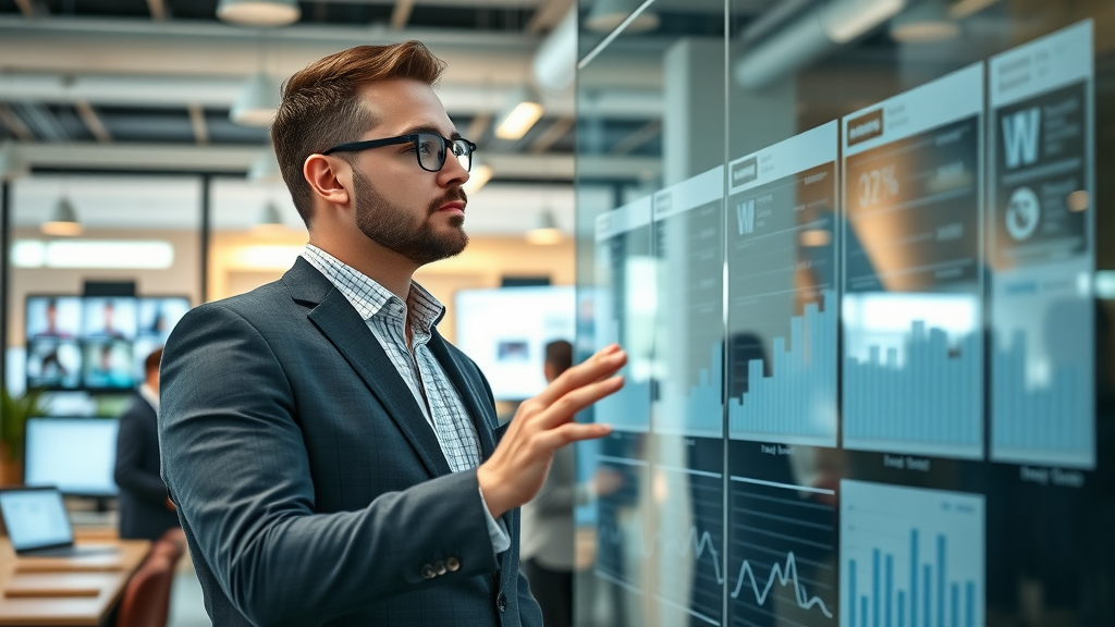 Businesslike executive marketing strategist reviewing marketing analytics, fractional cmo roles and responsibilities, modern open office setting