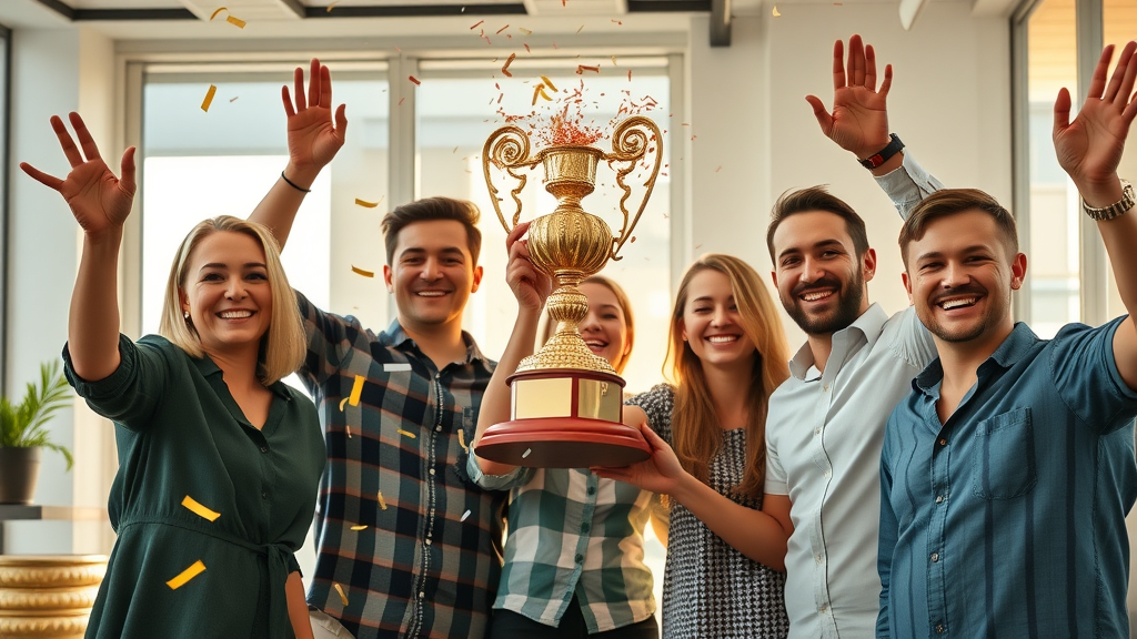 creative team celebrates video success, analytics, online video editor, growth, marketing video, vibrant modern office